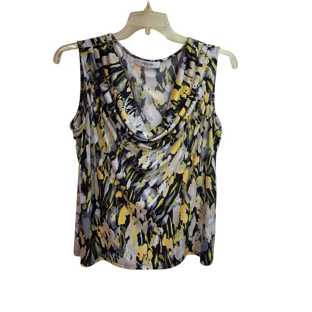 Jones Studio Separates Womens 1X Blouse Cowl Neck Sleeveless Floral Black Yellow - Picture 2 of 8